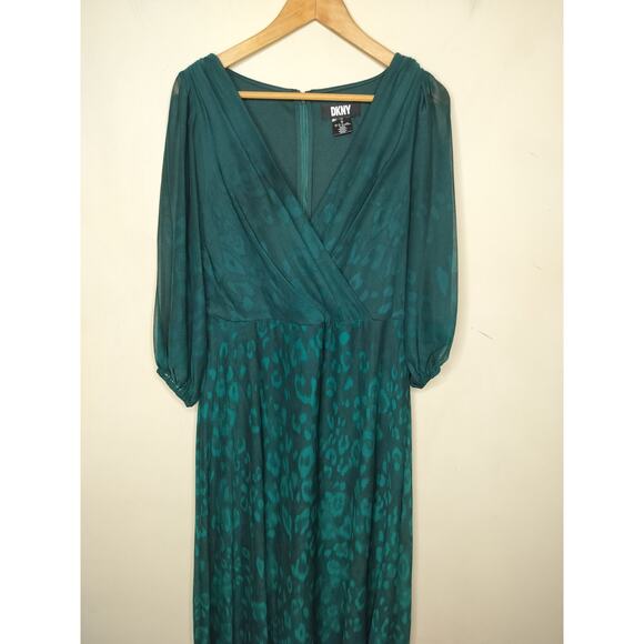 DKNY Faux Wrap Midi Dress Emerald Green Pattern Chiffon - Picture 4 of 10